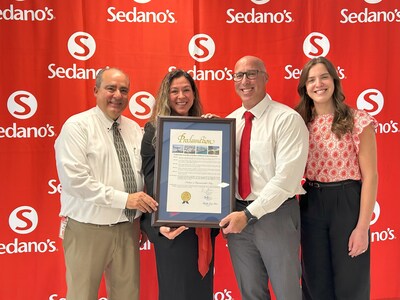 Sedano’s Supermarkets Receives Miami-Dade County Proclamation Declaring October 10 as “Sedano’s Supermarkets Day.” Left to right: Pedro Mesa, Director of Community Affairs, Sedano's Supermarkets; Annabelle Urrea-Guzman, Government Liaison, Office of Mayor Daniella Levine Cava; Javier Herran, Chief Marketing Officer of Sedano’s Supermarkets and Sophia Herran, Creative Director of Sedano's Supermarkets.