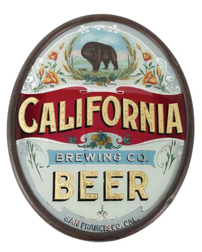 California Brewing Co. (San Francisco), five-color reverse-painted on glass beer advertising sign with wonderful graphic of California bear. Gold-leaf lettering. Bright colors and exceptional artistic detail. Original oval frame with original wood backing. Size: 16¼in x 20in. Condition: 9.0. Estimate: $15,000-$30,000 California Brewing Co. (San Francisco), five-color reverse-painted on glass beer advertising sign with wonderful graphic of California bear. Gold-leaf lettering. Bright colors and exceptional artistic detail. Original oval frame with original wood backing. Size: 16¼in x 20in. Condition: 9.0. Estimate: $15,000-$30,000
