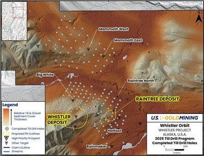 Figure 2  Map showing base of till and top-of-bedrock scout auger drill holes over the Whistler Orbit target area. Including the Big White, Mammoth, Raintree North and Hotfoot prospect areas. The planned drill holes accounted for potential glacial transport to help vector towards potential mineralization centers under cover. (CNW Group/U.S. GoldMining Inc.)