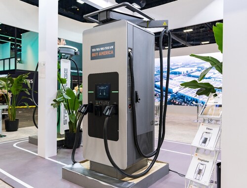 [Figure: Titan DC fast charger with BABA certification marking, CSA-audited and ready for deployment]