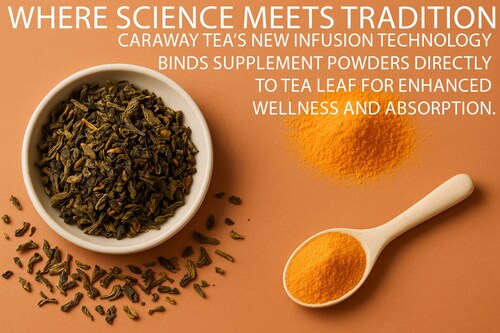 Where science meets tradition - Caraway Tea's new infusion technology binds supplement powders directly to tea leaf for enhanced wellness and absorption.