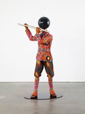 Planets in My Head, Flute Boy, 2019; Fiberglass mannequin, Dutch wax print cotton fabric, globe, leather, steel base, and flute; © All rights reserved Planets in My Head, Flute Boy, 2019; Fiberglass mannequin, Dutch wax print cotton fabric, globe, leather, steel base, and flute; © All rights reserved