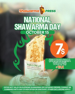 Shawarma Press® Celebrates National Shawarma Day With $7 Shawarmas At All Locations On October 15