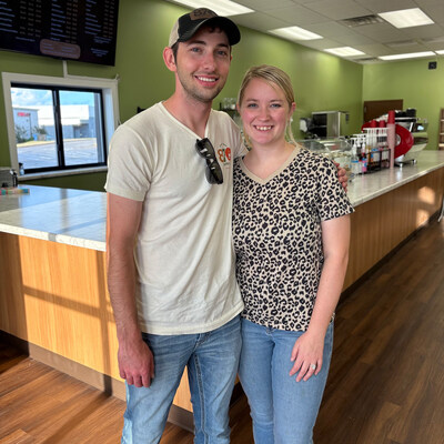 Owners Myka and Caleb Huett inside their new 870 Coffee Co. at 10 Paul Wood Lane, Mountain Home, Ark.