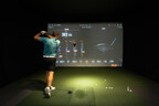 Golfer playing inside a private Cave at GolfCave on a Trackman simulator, viewing real-time shot data and analytics on screen.