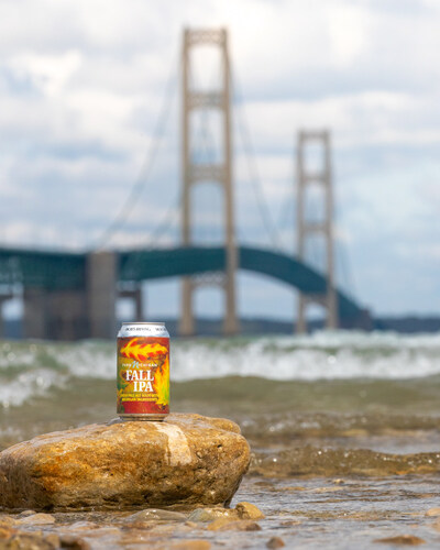 The Short's Brewing Pure Michigan Fall IPA, brewed with all Michigan-grown ingredients, shown here in front of the Mackinac Bridge.