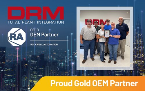 The DRM, LLC team celebrates Gold OEM Partner recognition from Rockwell Automation—highlighting trusted expertise in control, safety, and motion integration.