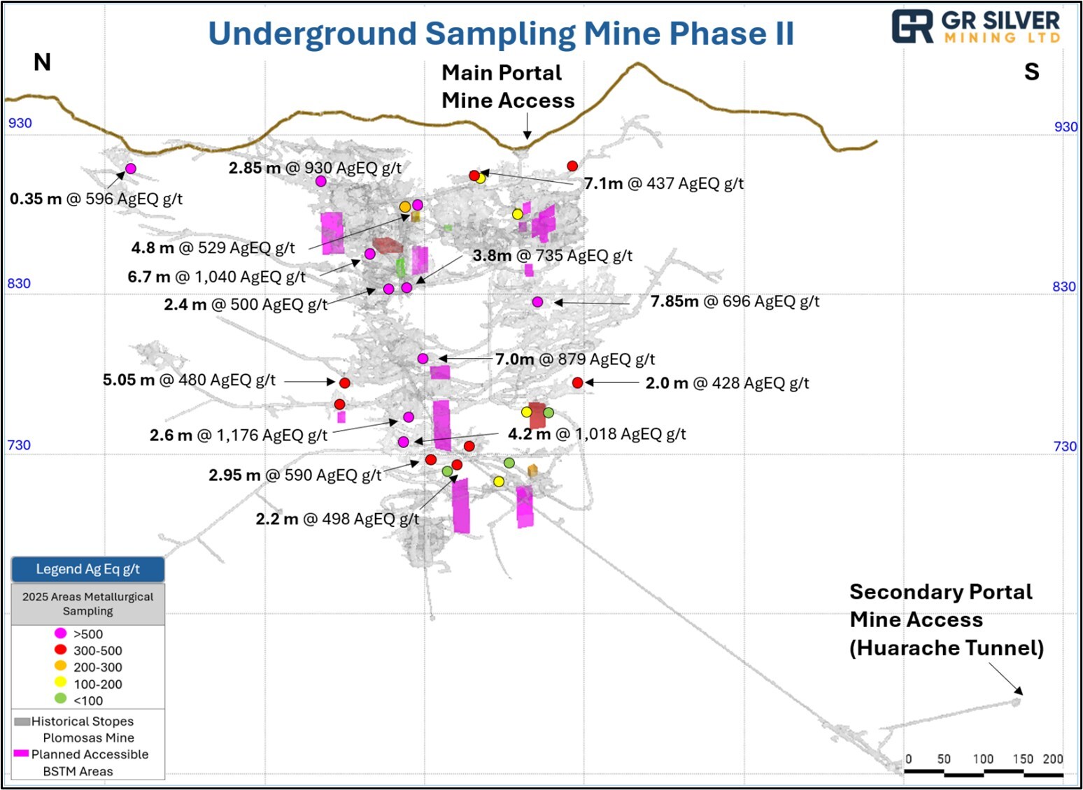 Figure 1 3D Long-Section View of the Plomosas Mine Workings with Areas Selected for Phase II Sampling. (CNW Group/GR Silver Mining Ltd.)