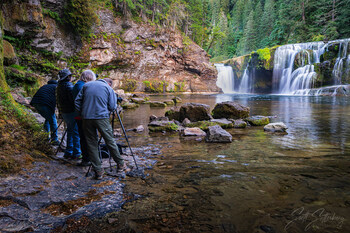 Clients photographing Lower Lewis Falls on the Washington Waterfalls photography workshop. Photo by Scott Setterberg.