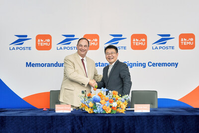 Philippe Dorge, La Poste’s executive vice-president and chief operating officer of the Services-Mail-Parcels business unit, and Sun Qin, president of Temu, shake hands at the signing ceremony.