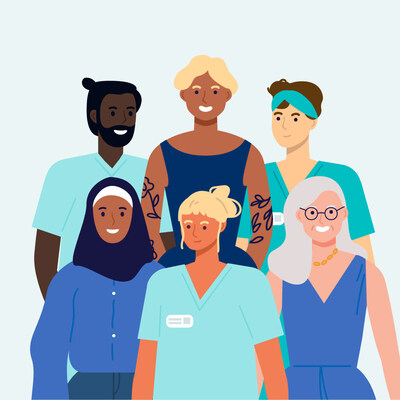 An illustration of a smiling group of nurses diverse in age, race, gender identity and professional attire. (CNW Group/College of Nurses of Ontario)