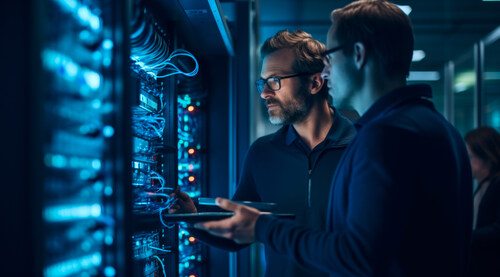 Two men standing in front of data racks.