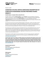 CANADIAN UTILITIES LIMITED ANNOUNCES REDEMPTION OF CUMULATIVE REDEEMABLE SECOND PREFERRED SHARES SERIES FF
