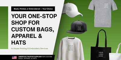 A display of BagzDepot’s expanded product line featuring custom-printed tote bags, branded T-shirts, and embroidered hats — showcasing the company’s new all-in-one promotional merchandise solutions.