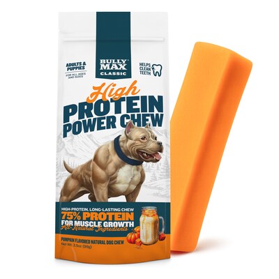 High protein Power Chews for Dogs. Real endurance. Pumpkin-fueled. Limited edition. Same Bully Max power.