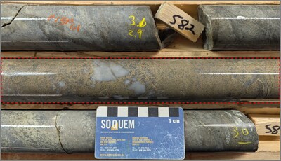 Figure 5. Detour-Selbaie showing: example of brecciated massive sphalerite (beige/brownish) and pyrite mineralization between 580 m and 592 m in hole 1338-25-075. Sample C1850543 (red box) returned 26.20% Zn, 0.30% Pb, 0.37% Cu and 56.1 g/t Ag over 1.4 m. (CNW Group/Soquem inc.)