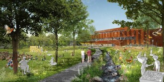 Vue du parc vers la nouvelle biblioth&#232;que&#10;Cr&#233;dit image : L&#8217;OEUF Architectes et Lapointe Magne &amp; associ&#233;s &#8211; architectes en consortium avec NIPPAYSAGE (Groupe CNW/Ville de Montr&#233;al - Cabinet de la mairesse et du comit&#233; ex&#233;cutif)