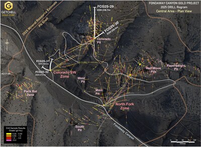 Figure 2: Fondaway Canyon Central Area drill location plan map. (CNW Group/Getchell Gold Corp.)