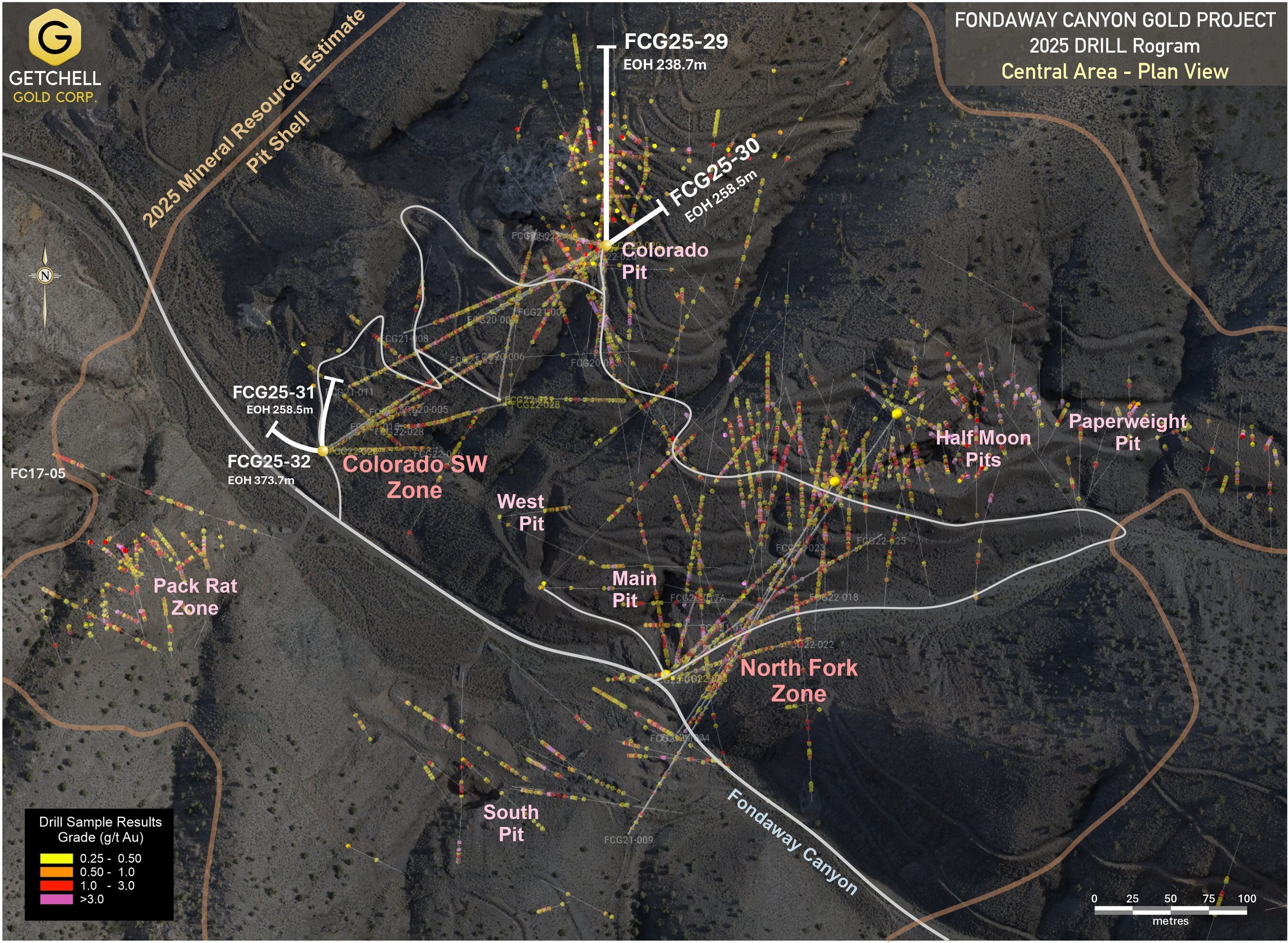 Figure 2:  Fondaway Canyon Central Area drill location plan map. (CNW Group/Getchell Gold Corp.)