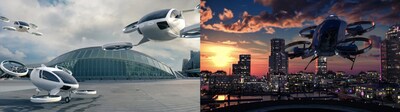 Concept of multiple eVTOL vehicles at a modern urban vertiport (left) and Futuristic eVTOL air taxi soaring over a bustling urban skyline at sunset (right) smartcitiesdive.com