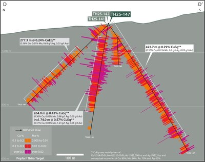 Figure 5. North-south section (8600E, D-D’) showing copper and molybdenum assays down hole for drill holes TH25-141, 142 and 147. See Table 1 and associated footnotes for CuEq metal and calculation inputs. (CNW Group/Vizsla Copper Corp.)