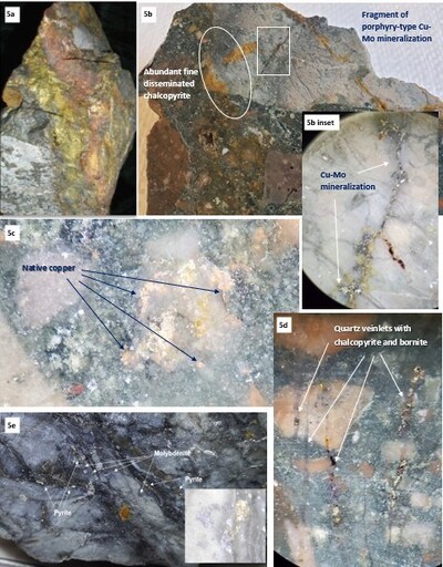 Figure 5. a) Chalcopyrite vein following rhyolite veinlet within diatreme breccia; b) Porphyry-type Cu-Mo mineralization in fragment within diatreme breccia pipe. The presence of this fragment suggests the existence of a porphyry copper system at some depth below the diatreme pipe; c) Native copper rimming quartz bleb; d) translucent quartz veins hosting chalcopyrite and bornite; e) Molybdenite and pyrite mineralization in hydrothermal breccia hosted within the diatreme breccia pipe. (CNW Group/Northern Shield Resources Inc.)