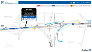 Réfection majeure du tunnel Louis-Hippolyte-La Fontaine - Fermeture d'un tronçon de l'autoroute 25 en direction nord durant la nuit du 24 au 25 octobre