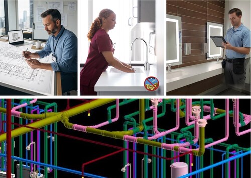 Plumbing design incorporating +Healthcare fittings and regular automated flushing of faucets along with auto-draining showers are crucial in healthcare to prevent hospital-acquired infections from waterborne bacteria.