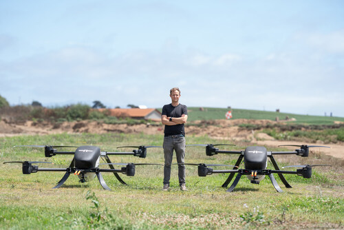 Stuart Landesberg, Seneca Founder and CEO, standing with two autonomous suppression drones. Stuart Landesberg, Seneca Founder and CEO, standing with two autonomous suppression drones.