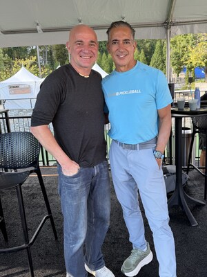 Life Time Founder, Chairman and CEO Bahram Akradi (right), whose vision for the LT Open became reality this weekend, was courtside Sunday to witness the semifinal and finals action. Tennis legend and Life Time Pickleball and Tennis Board Chair Andre Agassi (left) presented trophies to both champions.