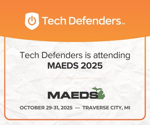 Tech Defenders is attending MAEDS 2025, October 29–31 in Traverse City, MI. Join us to learn about our K12 device buyback and ITAD solutions. Image shows Tech Defenders and MAEDS logos.