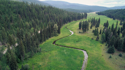 Aerial view of Thompson Stream and Wetland Mitigation Bank in Montana, showing the existing stream on the site before restoration.