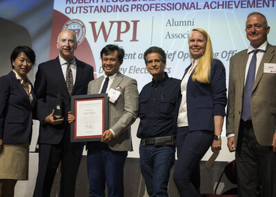 Dean Kamen, founder of DEKA Research and FIRST®, presented DigiKey CEO Dave Doherty with the 2025 Robert H. Goddard Alumni Award for Outstanding Professional Achievement from Worcester Polytechnic Institute. Pictured from left to right: Grace Wang, WPI president; Doherty; Arly Dungca, WPI alumni association president; Kamen; Maureen Toohey, deputy executive director, Advanced Regenerative Manufacturing Institute; and Mark Macaulay, WPI alumni association citations committee chair.