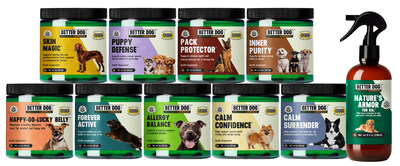 The complete Better Dog Supplements™ collection featuring nine
NASC-certified formulas. Photo courtesy of Better Dog Supplements.