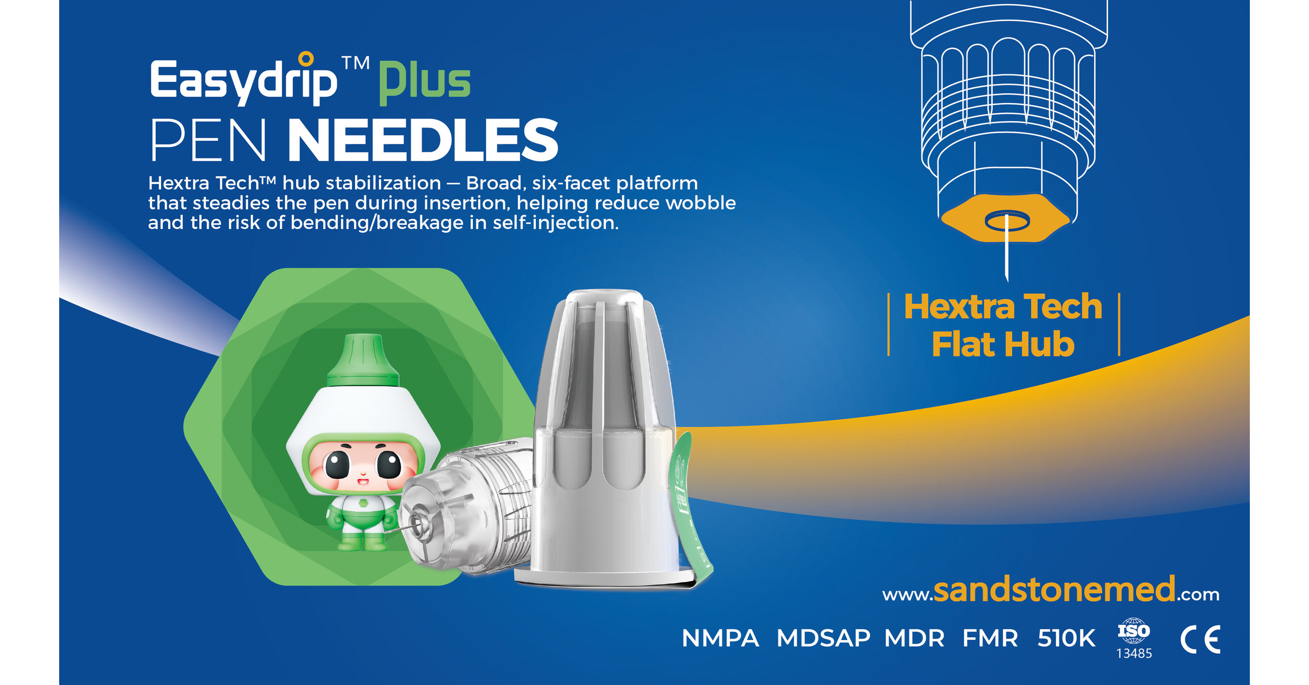 Sandstone Easydrip&trade; Plus with Hextra Tech&trade; Hexagonal Broad Hub Delivers Steadier, More Comfortable Insulin Injections