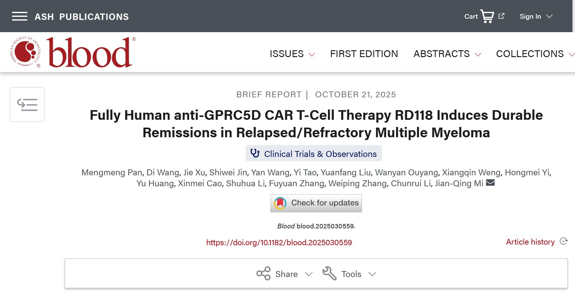 Blood Publishes Promising Results of IASO Bio's Anti-GPRC5D CAR-T RD118 in Relapsed/Refractory Multiple Myeloma
