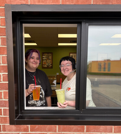 Friendly staff at the drive-thru of the new 870 Coffee Co. at 10 Paul Wood Lane, Mountain Home, Ark.