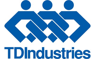 TDIndustries logo, three figures with arms locked together, blue stacked