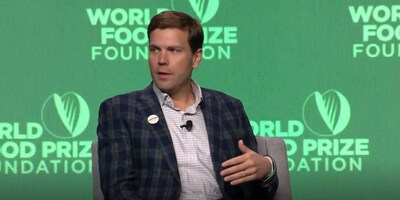 Pivot Bio CEO Chris Abbott speaks on the “Innovating the Future Now” panel during the 2025 World Food Prize Foundation’s Norman E. Borlaug International Dialogue in Des Moines, Iowa.