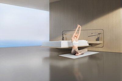 A modern bedroom with a large smart bed near a floor-to-ceiling window. The room features minimalistic decor and soft natural lighting.