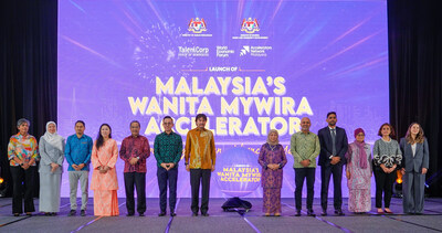 His Highness Tunku Ali Redhauddin Ibni Tuanku Muhriz, Tunku Besar Seri Menanti, together with YB Steven Sim Chee Keong, Minister of Human Resources (KESUMA), and YB Dato’ Sri Hajah Nancy Shukri, Minister of Women, Family and Community Development (KPWKM), alongside the Private Sector Co-Chairs of the Wanita MyWira Accelerator, during the official launch of Malaysia’s Wanita MyWira Accelerator.