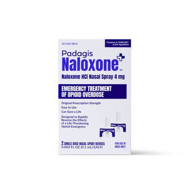 Box of Padagis Naloxone HCl Nasal Spray 4mg. Box of Padagis Naloxone HCl Nasal Spray 4mg.