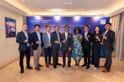 Michael Gierges, President, Carrier Climate Solutions Asia Pacific, Middle East & Africa (middle), Titus Yu, President, Carrier Climate Solutions North Asia (4th left), and Eric Chu, Managing Director, Carrier Hong Kong, Macau & Taiwan (3rd right), along with Carrier Hong Kong management, presided over the toast.