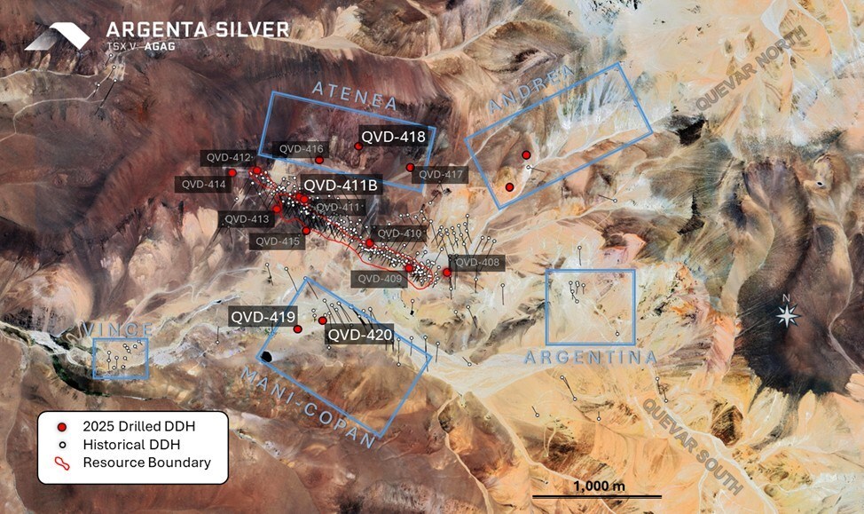 Figure 01: Map showing the location of historical collars and newly drilled holes from the 2025 drill program. (CNW Group/Argenta Silver Corp.)