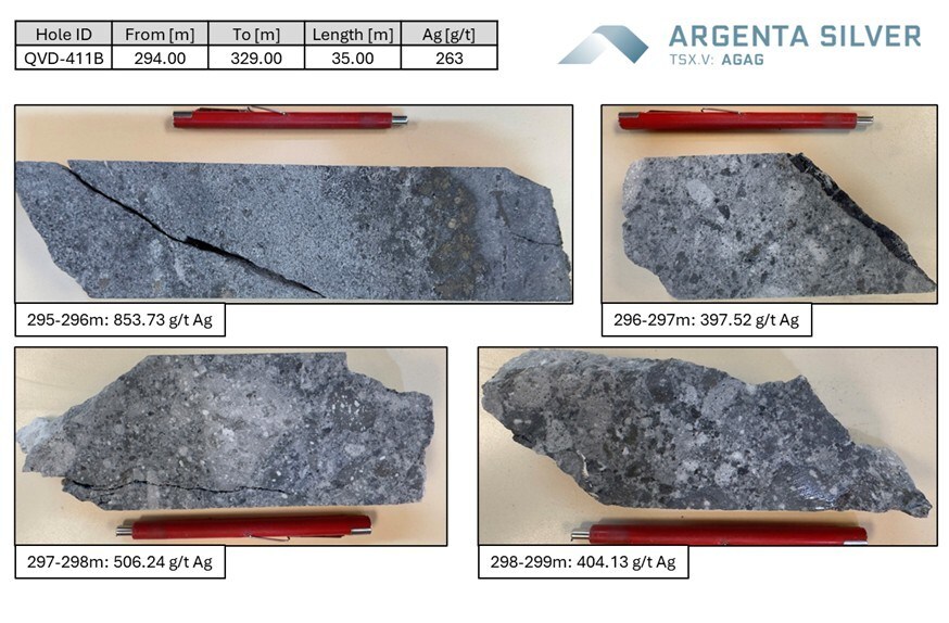 Figure 02: QVD-411B drill core, from 295 to 299 m, displaying high-grade silver mineralization. (CNW Group/Argenta Silver Corp.)