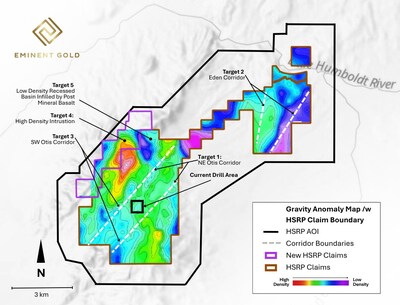 Fig 3.  Map showing new Eminent Claims overlaid upon the gravity interpretation. (CNW Group/Eminent Gold Corp.)