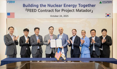 Hyundai E&C and Fermi America™ teams pictured at signing from left to right: Yeong Cheol Kim, Daniel Lee, Young Choi, Han Woo Lee, Mesut Uzman, Nate Neugebauer, Sezin Uzman, Seong Hwan Choi, and Sung Taeck Lim. Hyundai E&C and Fermi America™ teams pictured at signing from left to right: Yeong Cheol Kim, Daniel Lee, Young Choi, Han Woo Lee, Mesut Uzman, Nate Neugebauer, Sezin Uzman, Seong Hwan Choi, and Sung Taeck Lim.