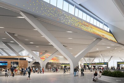 A dynamic overhead experience designed by Arup and Pentagram in the Departures Hall will show New York stories.
Image credit: The New Terminal One at JFK/Arup A dynamic overhead experience designed by Arup and Pentagram in the Departures Hall will show New York stories.
Image credit: The New Terminal One at JFK/Arup