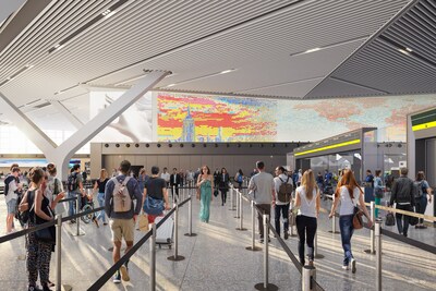 The world's largest split-flap display will flicker through scenes of New York as passengers move through security.
Image credit: The New Terminal One at JFK/Arup The world's largest split-flap display will flicker through scenes of New York as passengers move through security.
Image credit: The New Terminal One at JFK/Arup