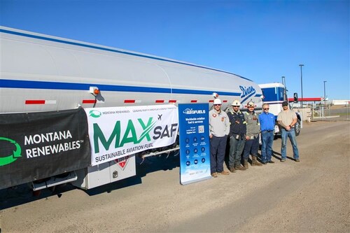 MRL sent its first shipment of MaxSAF blended. Pictured from left to right: Jason Pence, Calumet Assistant Superinteendent; Levi Lee, Calumet Loader; Jacob Miller, Calumet Loader; Glade Westood, Dixon Senior Corporate Safety Director; and Kolton Messerly, Dixon Truck Driver. MRL sent its first shipment of MaxSAF blended. Pictured from left to right: Jason Pence, Calumet Assistant Superinteendent; Levi Lee, Calumet Loader; Jacob Miller, Calumet Loader; Glade Westood, Dixon Senior Corporate Safety Director; and Kolton Messerly, Dixon Truck Driver.